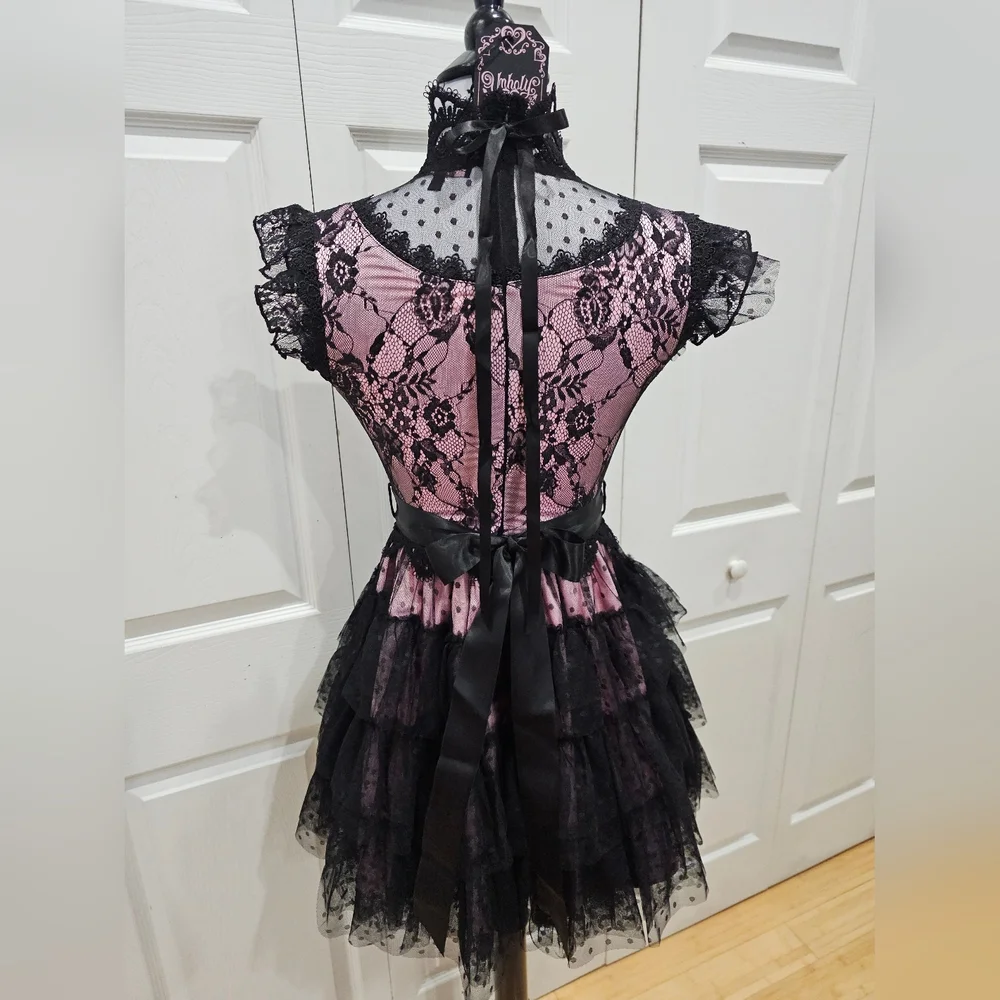 Dolls Kill Unholy Goth Rehearsal Party Pink Black Tiered Lace Mini Dress XS - Picture 9 of 9